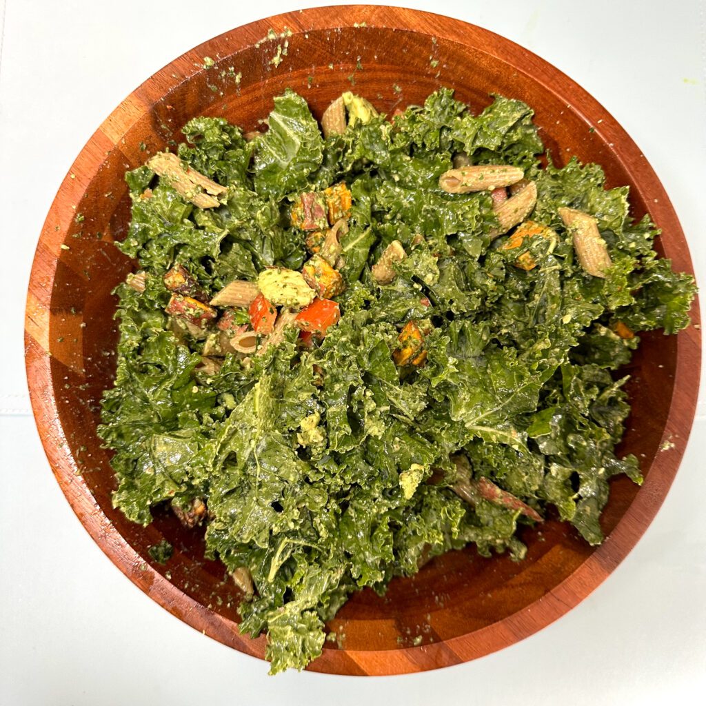 vegan kale pasta salad with pesto dressing