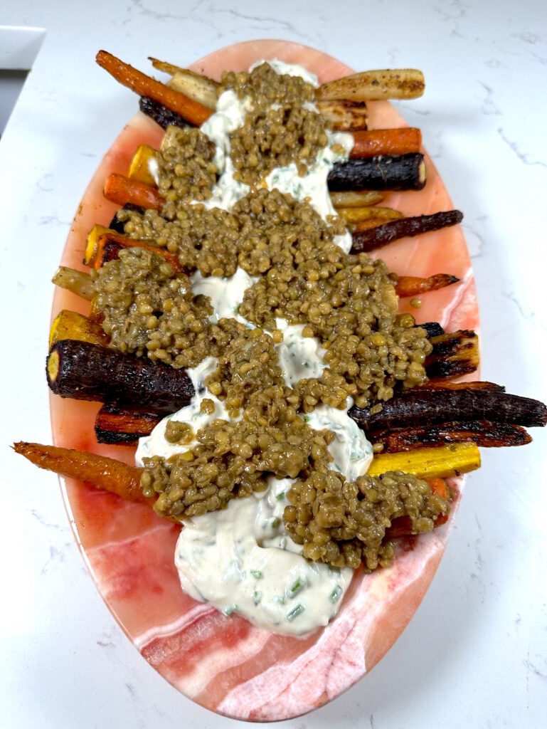 vegan carrots lentils and yogurt sauce